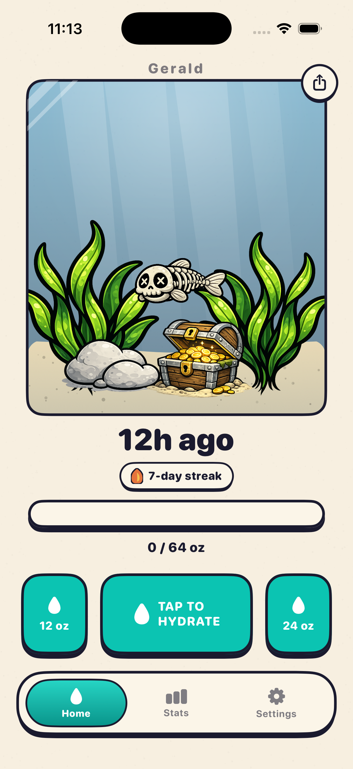 Glug home screen with the pet fish and tap-to-hydrate buttons