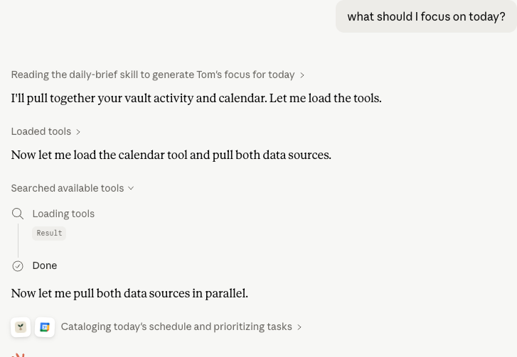 An AI chat using Taproot to pull vault activity and calendar context to plan the day